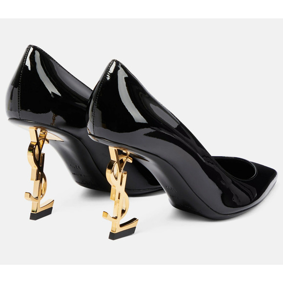 Saint Laurent Opyum 85 Black Patent Leather Gold YSL Logo Pointed Heel Pump 36 - Picture 15 of 16